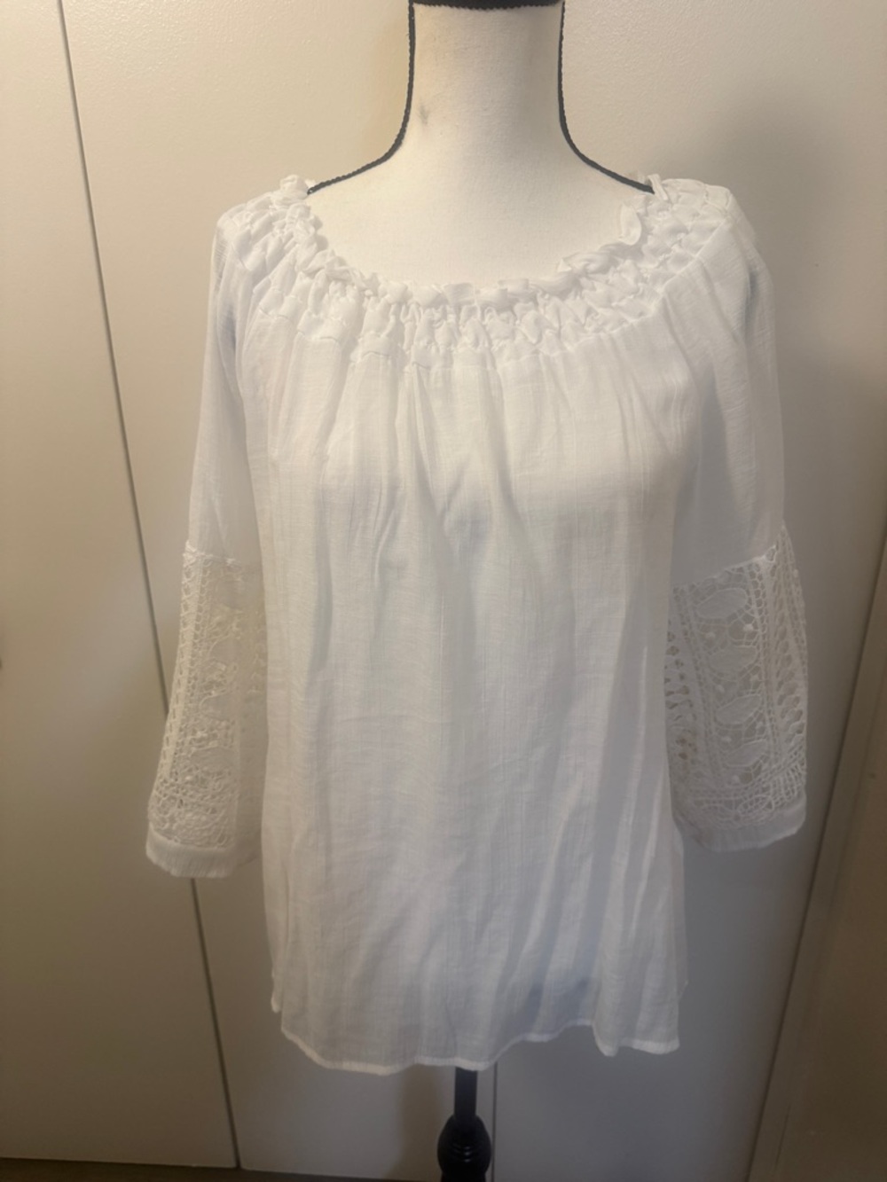 White Crochet-Sleeve Peasant Tunic Top